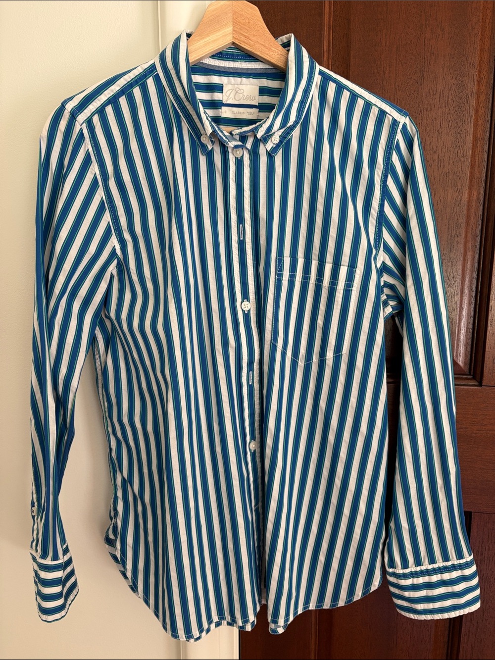 J. Crew Blue and White Vertical Stripe Button-Down Shirt